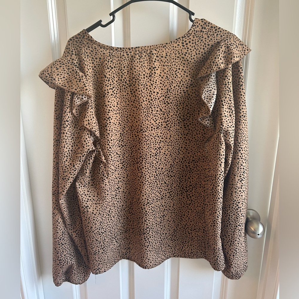 Very J Tan and Black Leopard Ruffle V-Neck Blouse - Picture 2 of 2
